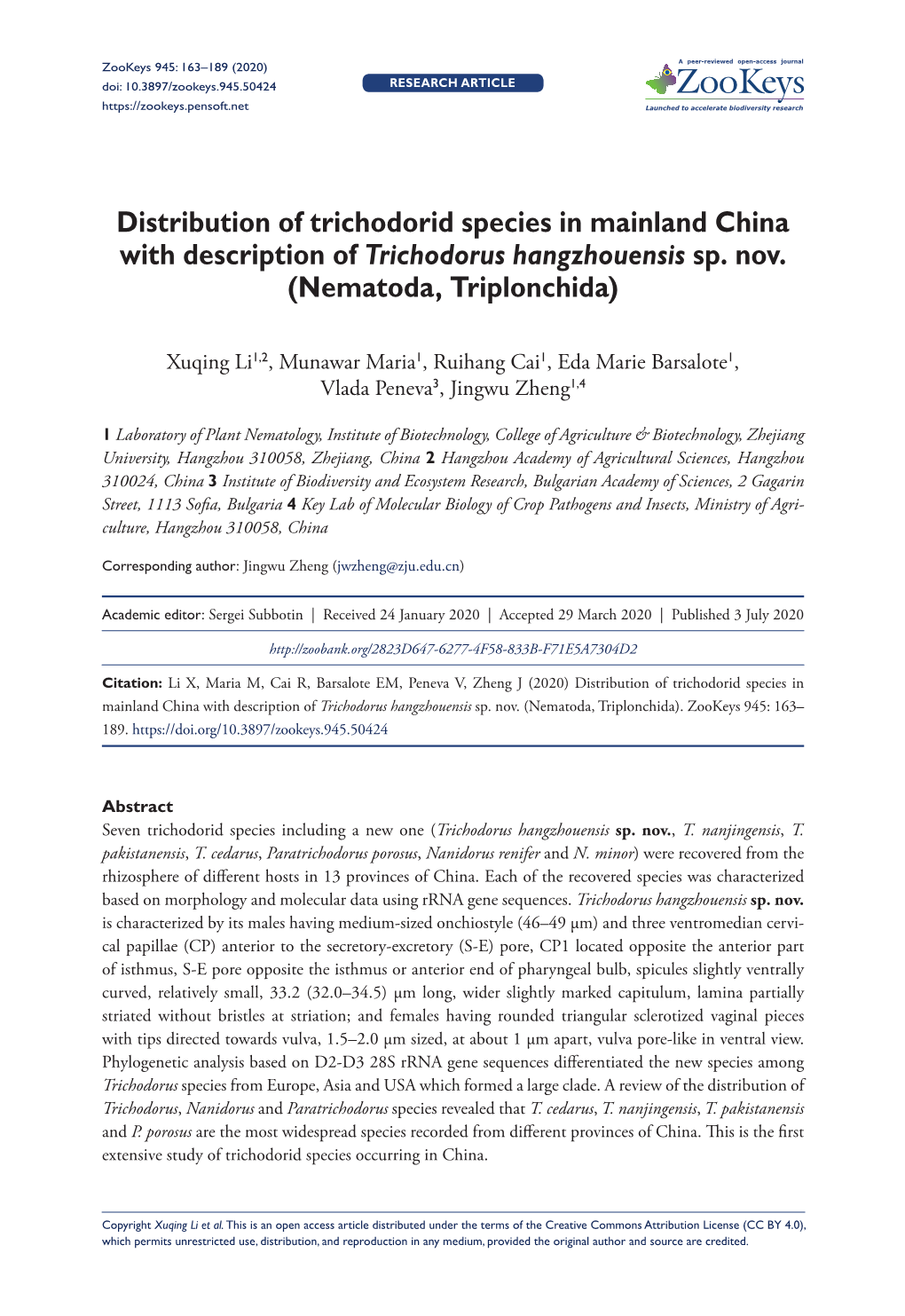 ﻿Distribution of Trichodorid Species in Mainland China with Description Of