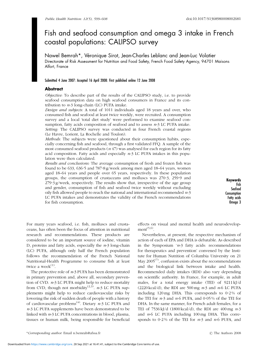 Fish and Seafood Consumption and Omega 3 Intake in French Coastal Populations: CALIPSO Survey