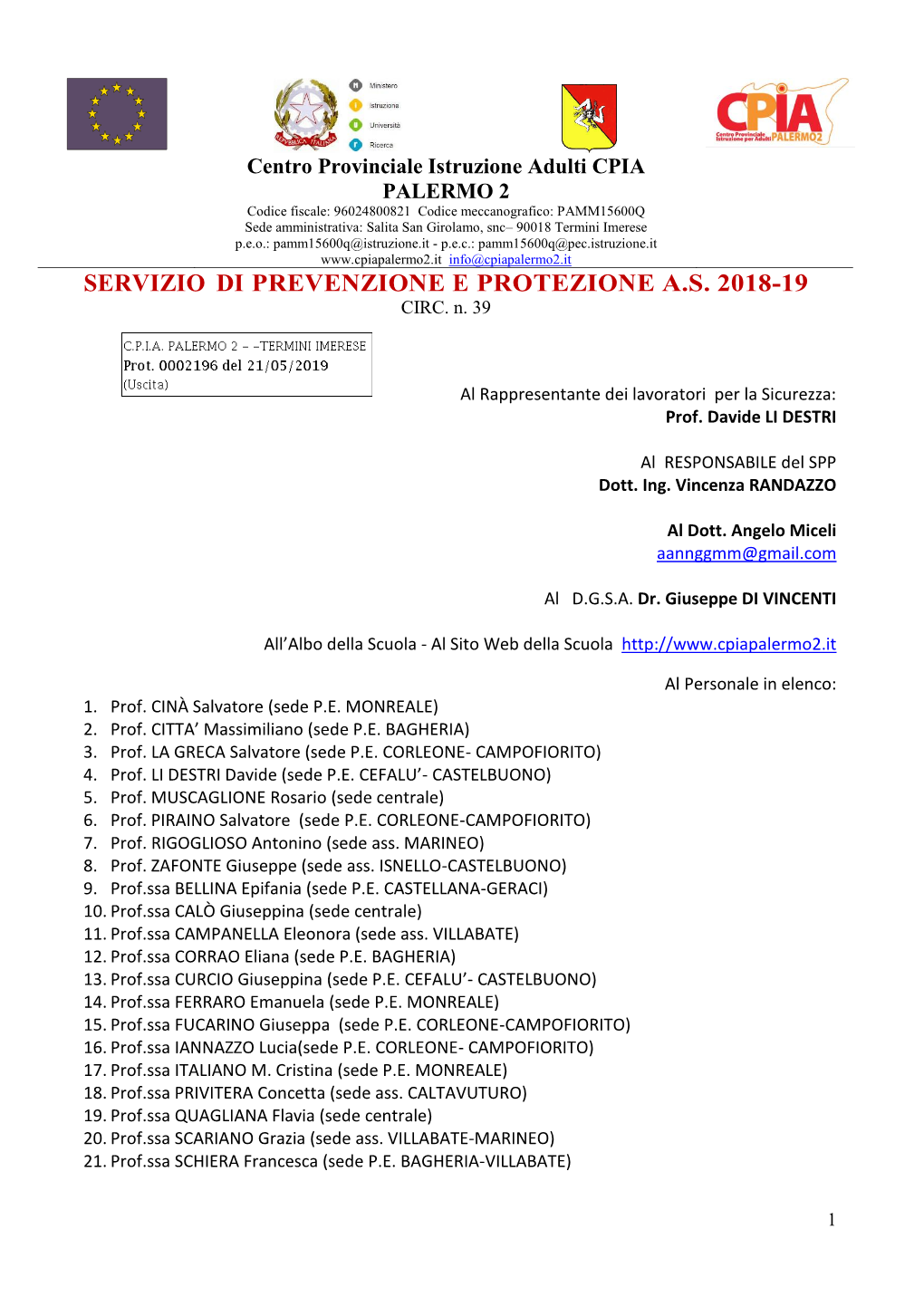 Servizio Di Prevenzione E Protezione A.S. 2018-19 Circ