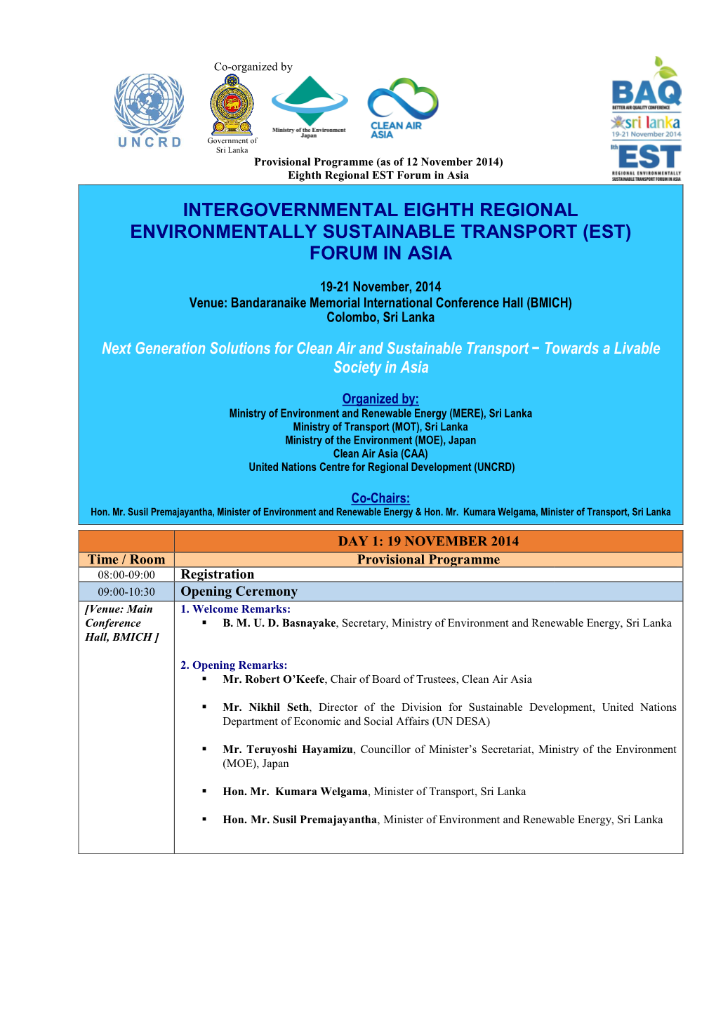 Intergovernmental Eighth Regional Environmentally Sustainable Transport (Est) Forum in Asia