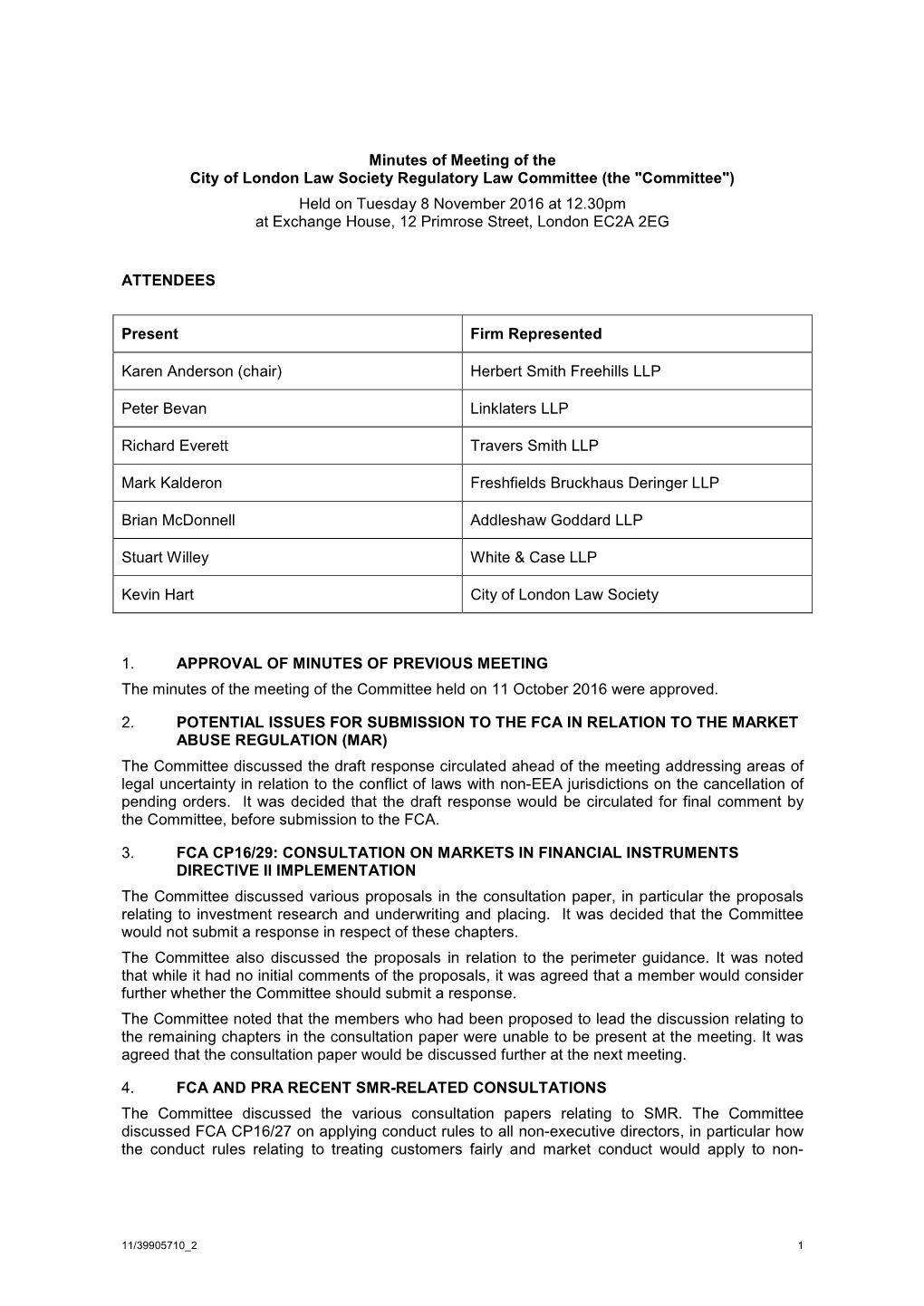 Minutes of Meeting of the City of London Law Society Regulatory