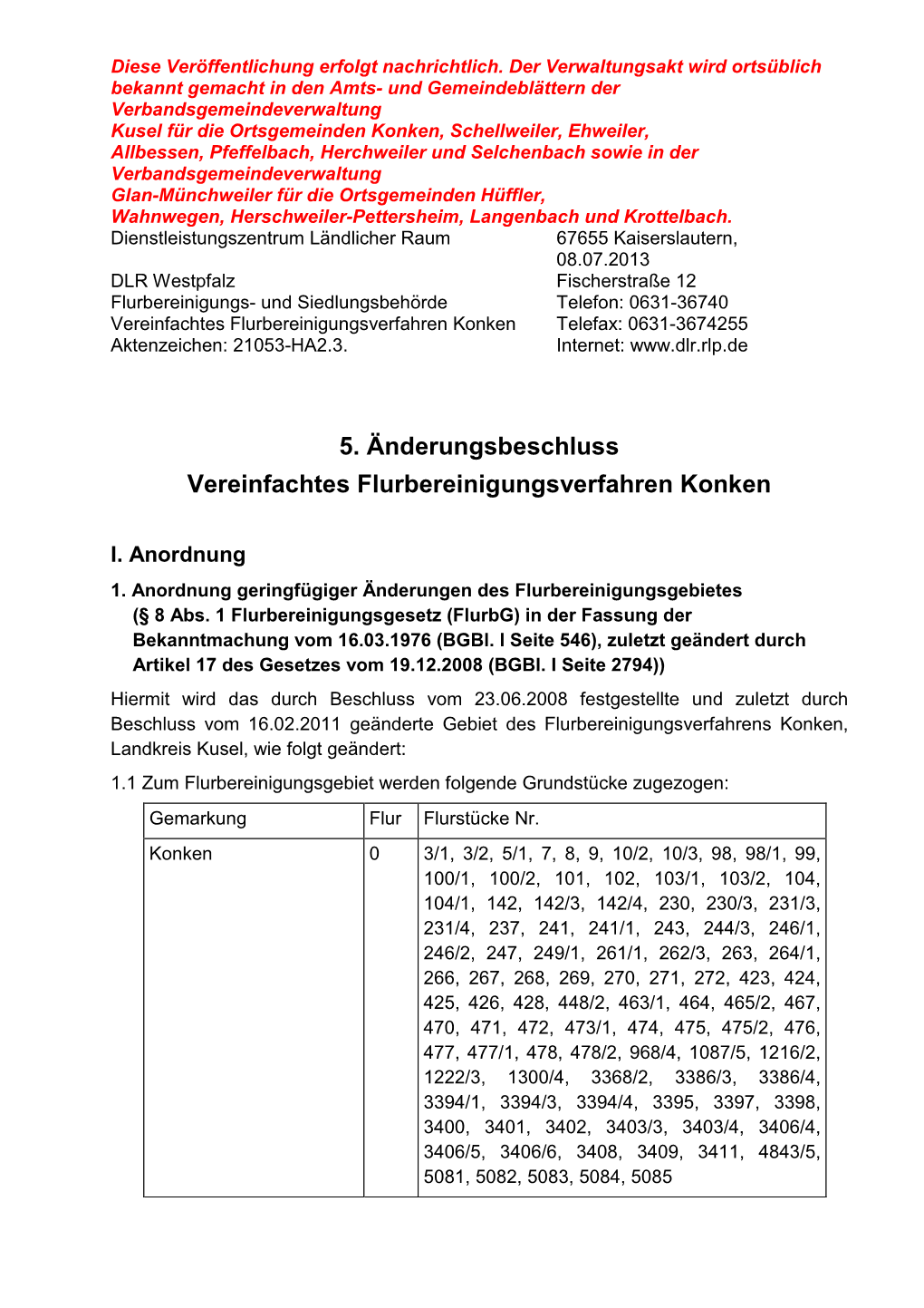 5. Änderungsbeschluss Vereinfachtes Flurbereinigungsverfahren Konken