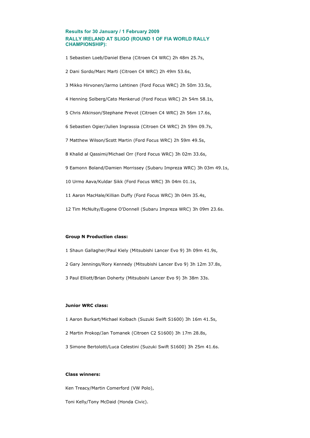 Results for 30 January / 1 February 2009 RALLY IRELAND at SLIGO (ROUND 1 of FIA WORLD RALLY CHAMPIONSHIP)