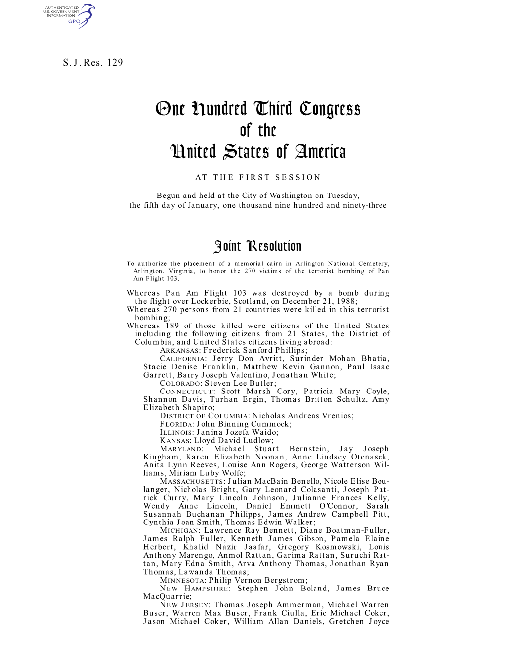 One Hundred Third Congress of the United States of America