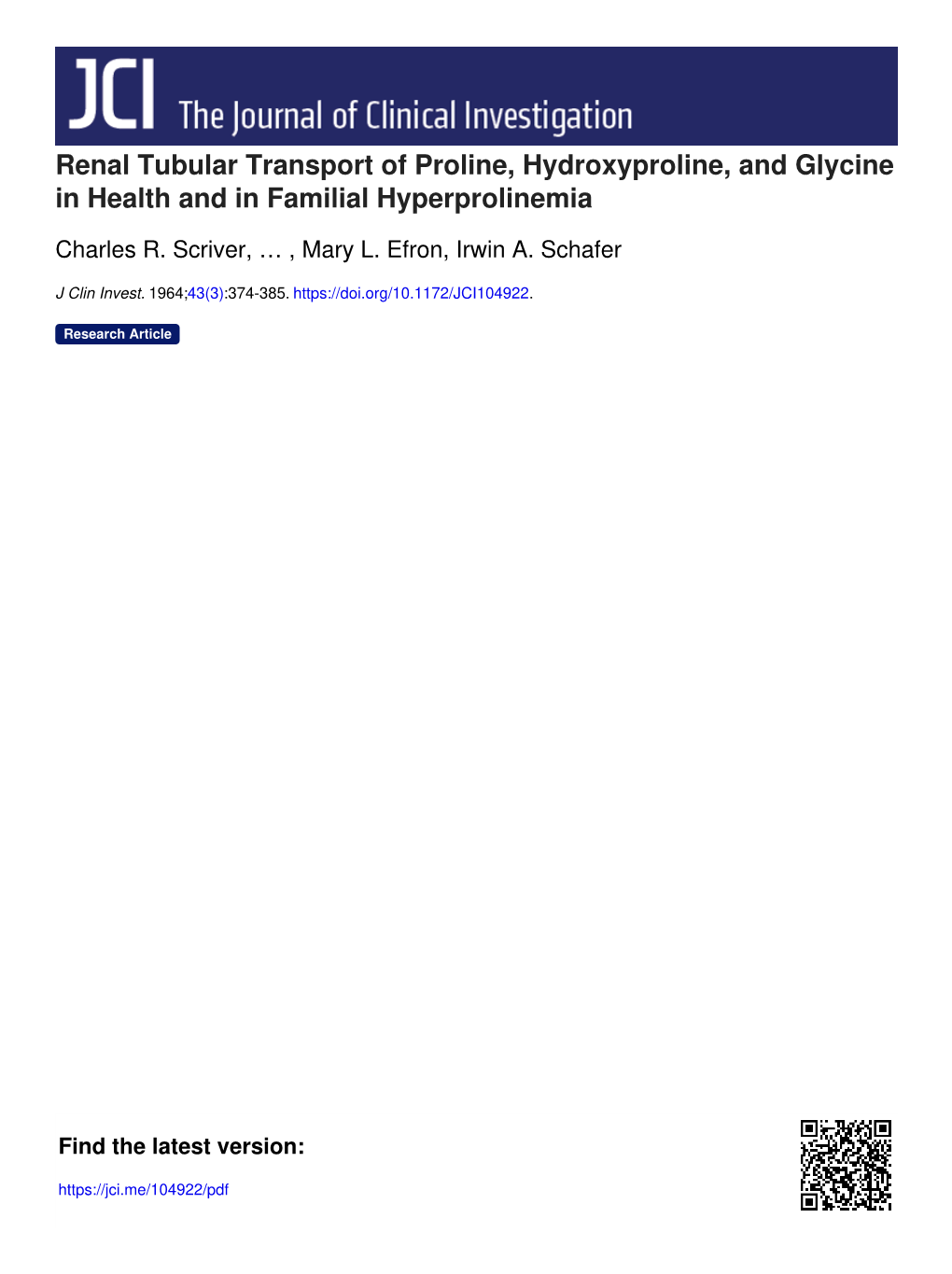 Renal Tubular Transport of Proline, Hydroxyproline, and Glycine in Health and in Familial Hyperprolinemia