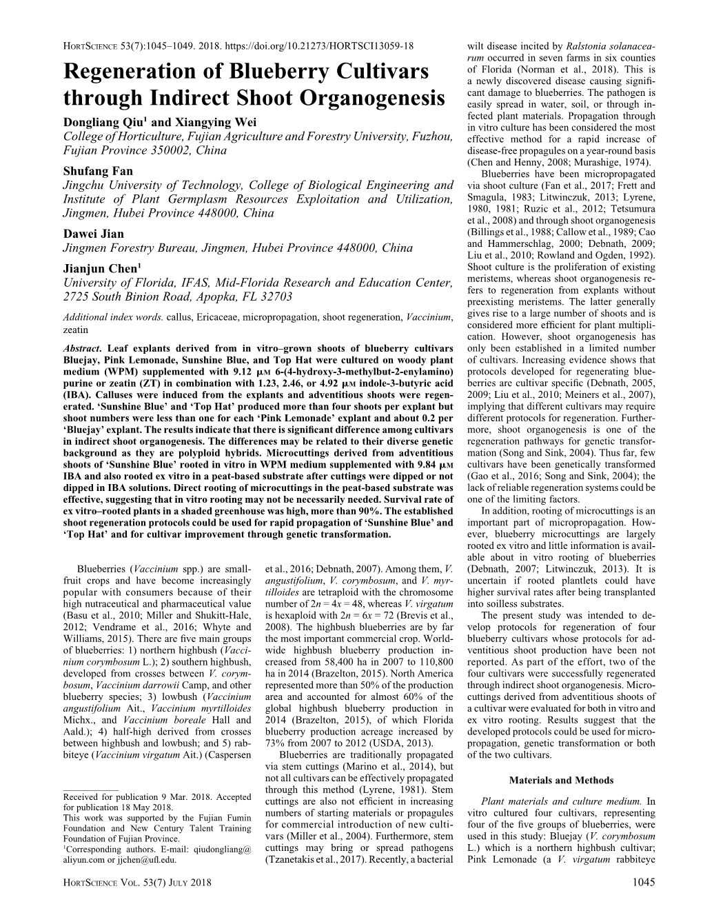 Regeneration of Blueberry Cultivars Through Indirect Shoot Organogenesis