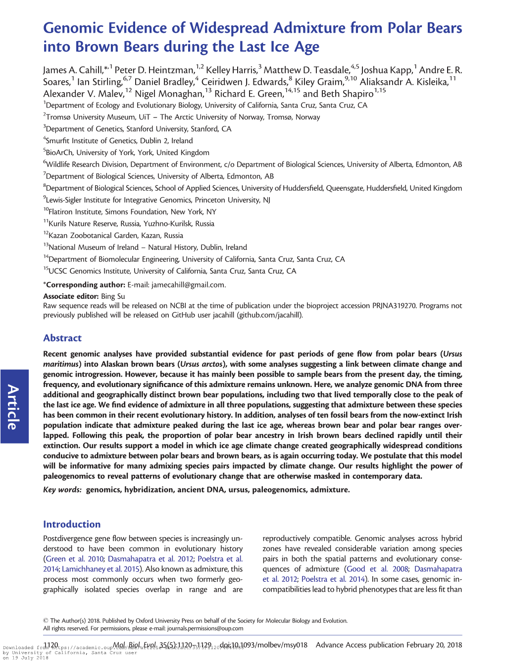 Genomic Evidence of Widespread Admixture from Polar Bears Into Brown Bears During the Last Ice Age James A