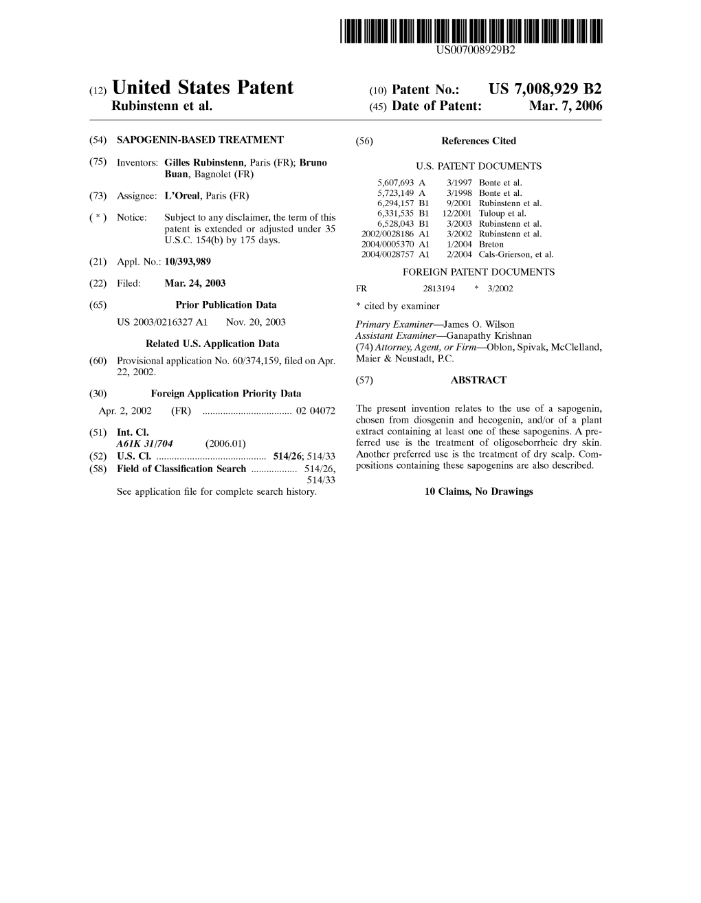 (12) United States Patent (10) Patent No.: US 7,008,929 B2 Rubinstenin Et Al