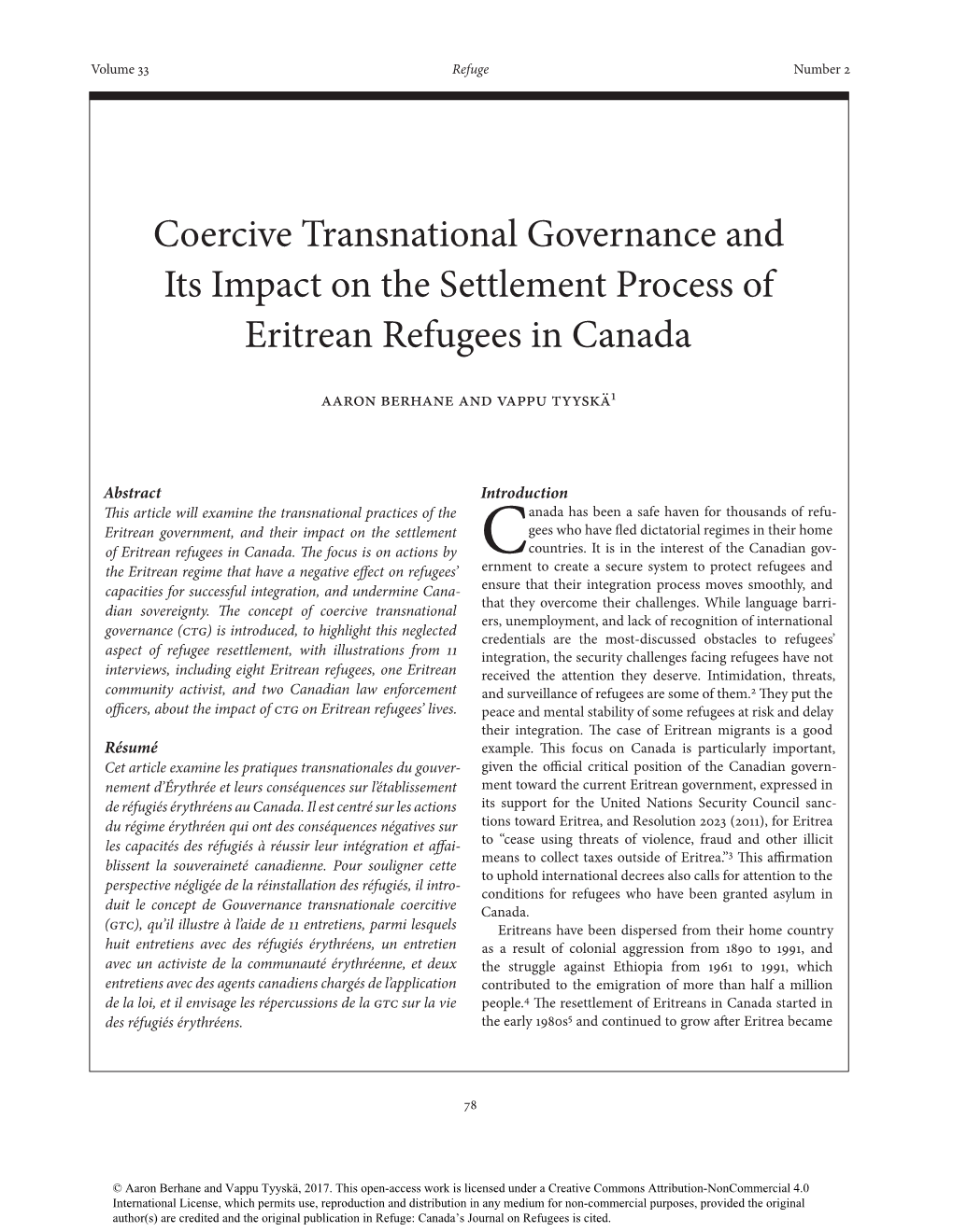Coercive Transnational Governance and Its Impact on the Settlement Process of Eritrean Refugees in Canada