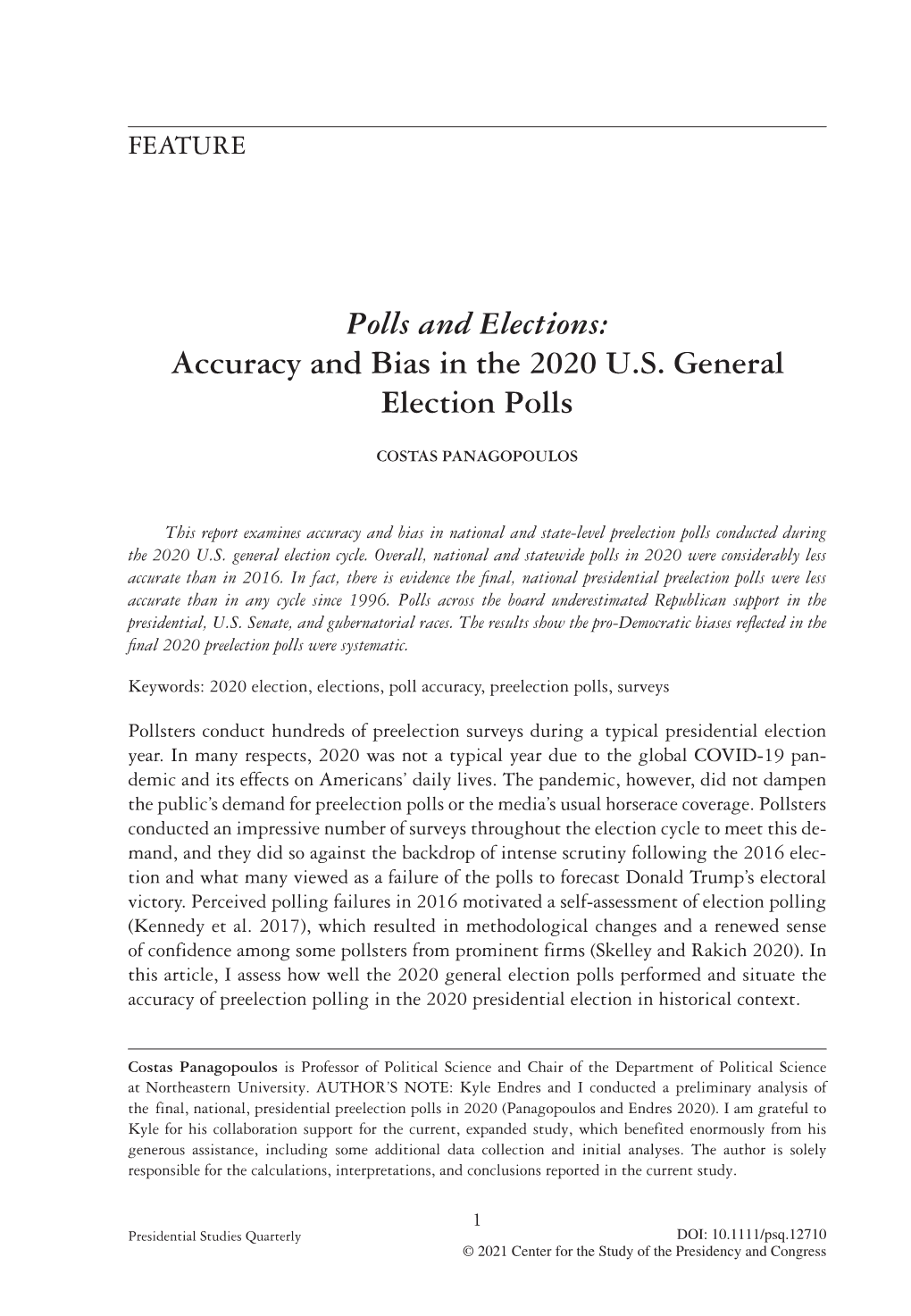 Polls and Elections: Accuracy and Bias in the 2020 U.S