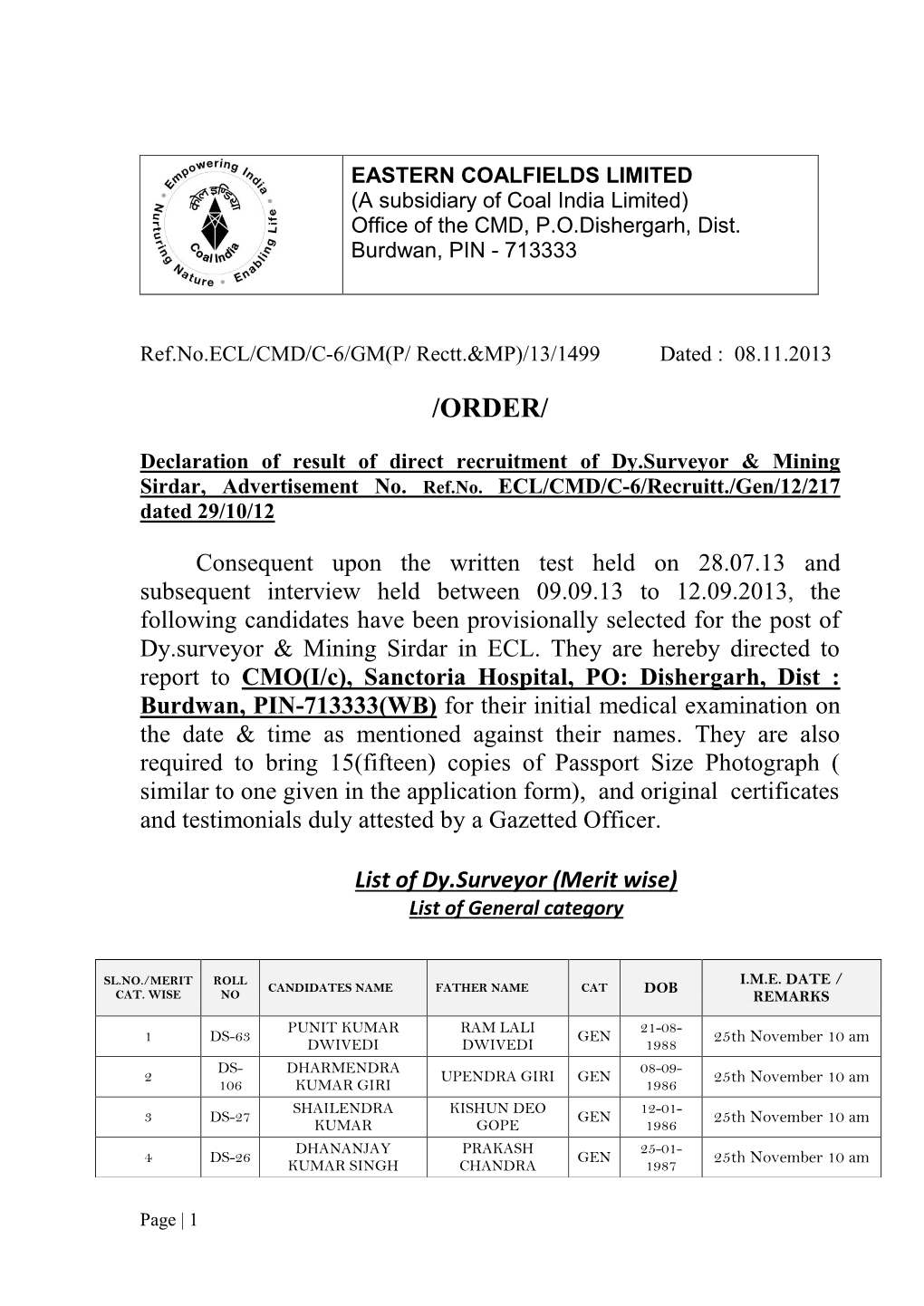 List of Mining Sirdar (Merit Wise) List of General Category