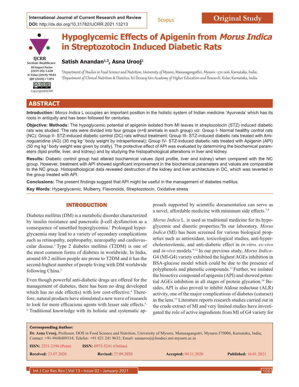 Hypoglycemic Effects of Apigenin from Morus Indica in Streptozotocin Induced Diabetic Rats