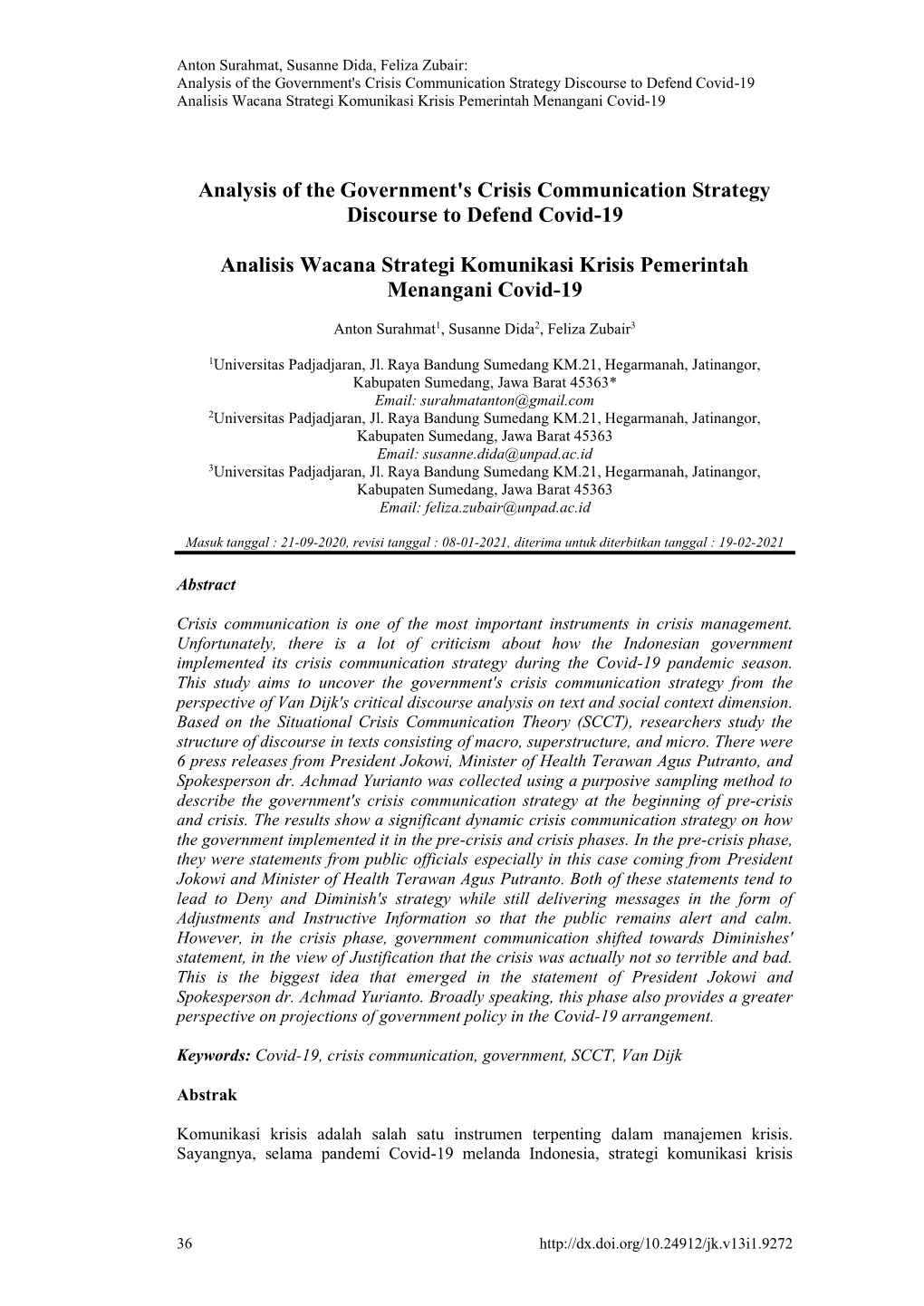 Analysis of the Government's Crisis Communication Strategy Discourse to Defend Covid-19 Analisis Wacana Strategi Komunikasi Krisis Pemerintah Menangani Covid-19