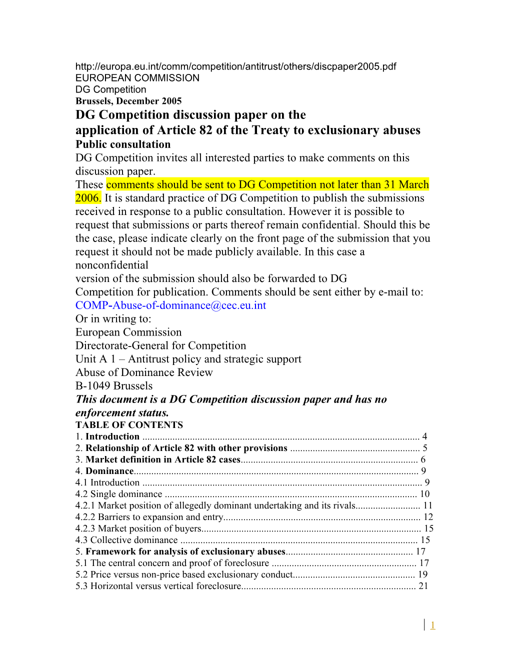 DG Competition Discussion Paper on The