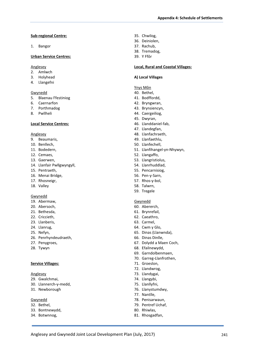 Anglesey and Gwynedd Joint Local Development Plan (July, 2017) 241 Appendix 4: Schedule of Settlements