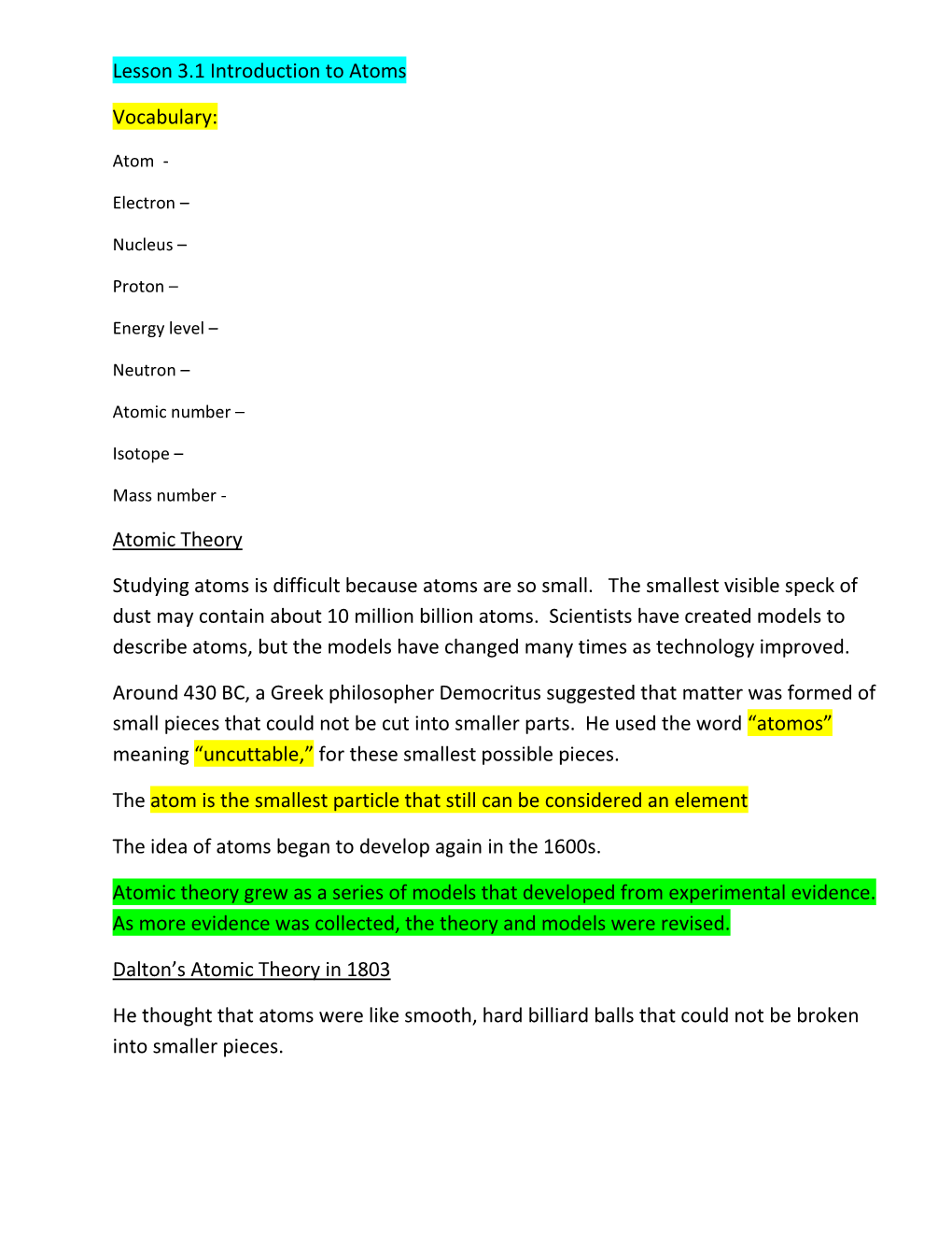 Lesson 3.1 Introduction to Atoms Vocabulary: Atomic Theory