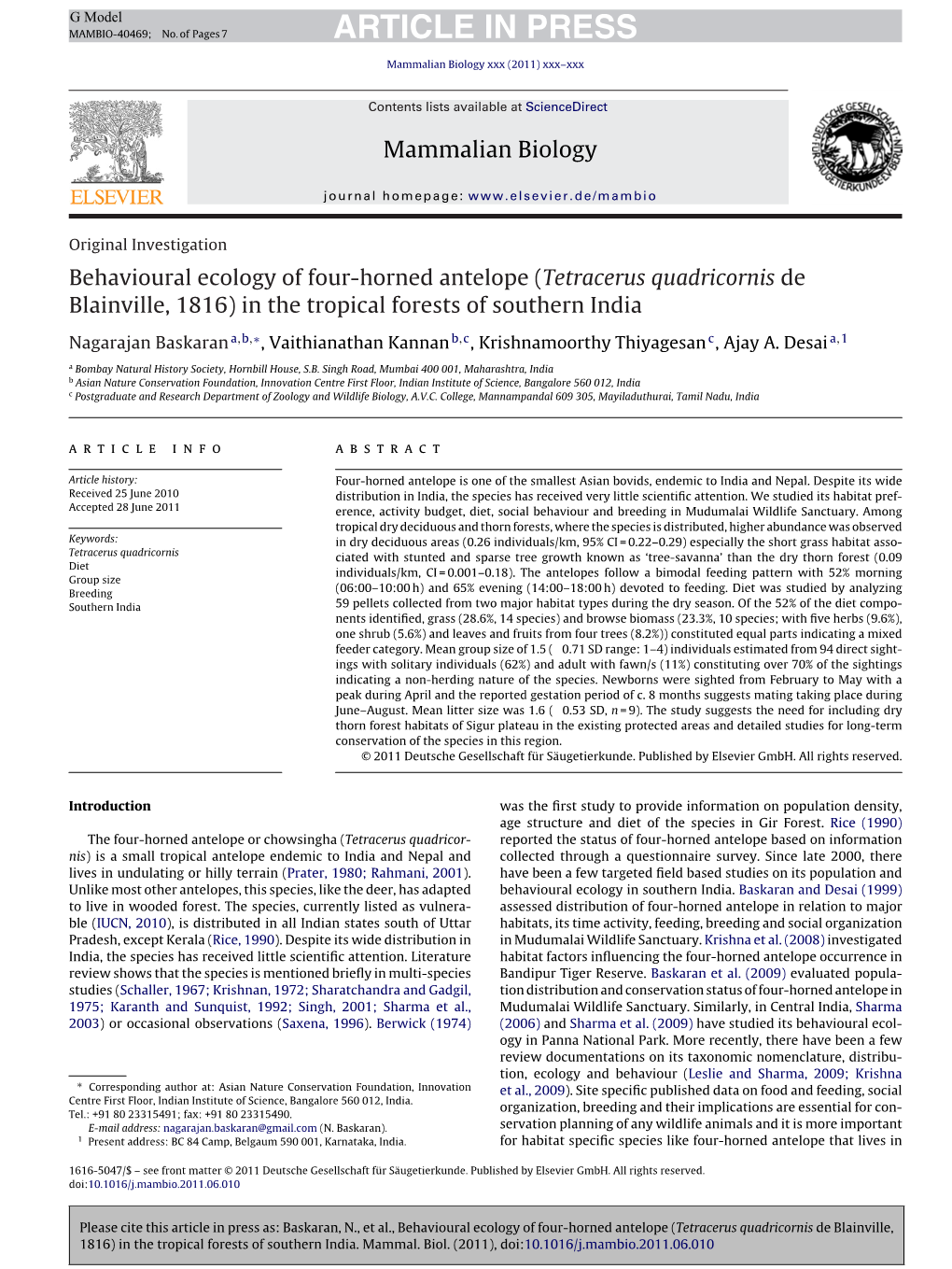 Behavioural Ecology of Four-Horned Antelope (Tetracerus Quadricornis De