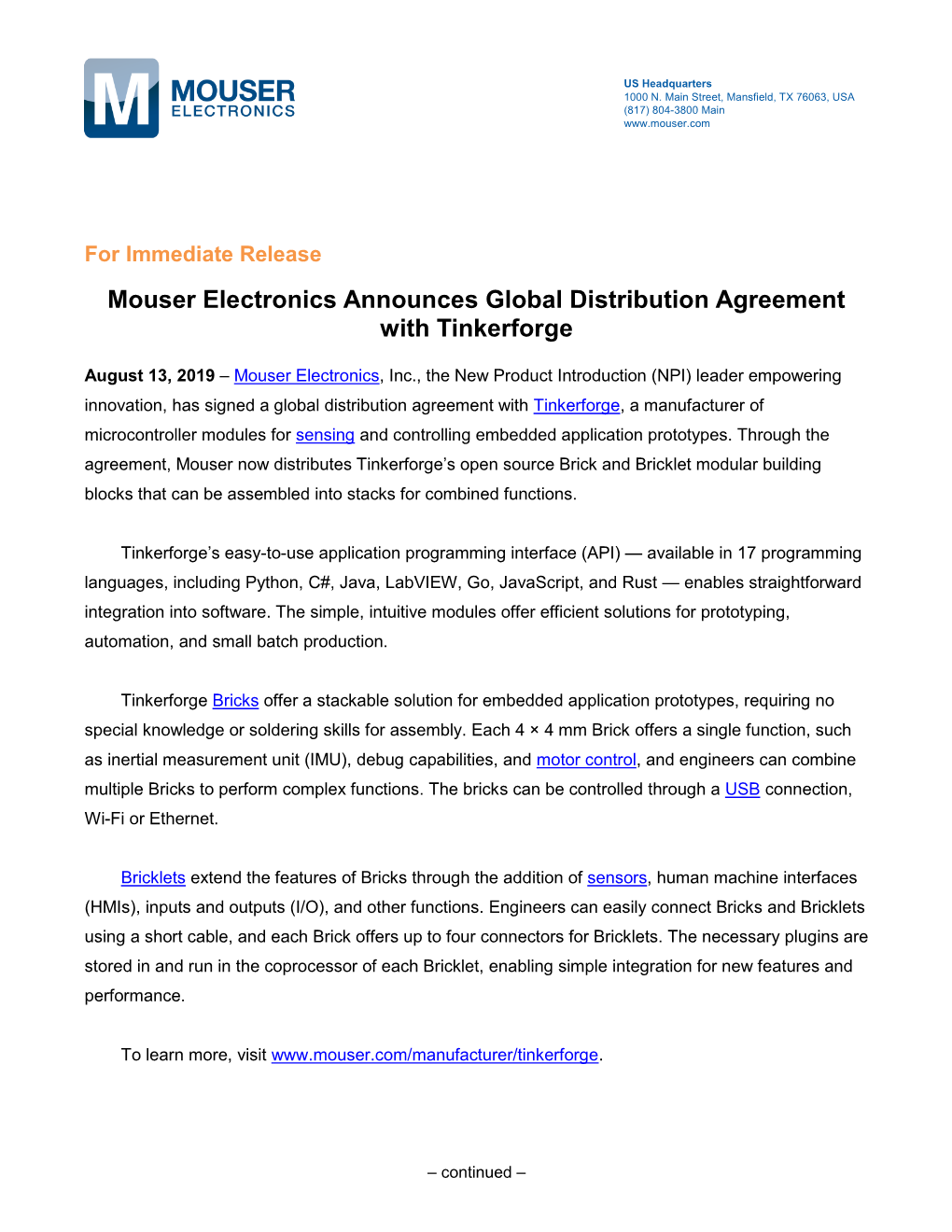 Mouser Electronics Announces Global Distribution Agreement with Tinkerforge