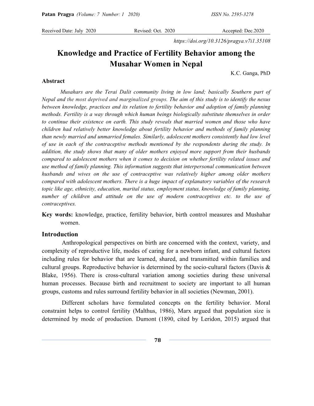 Knowledge and Practice of Fertility Behavior Among the Musahar Women in Nepal K.C