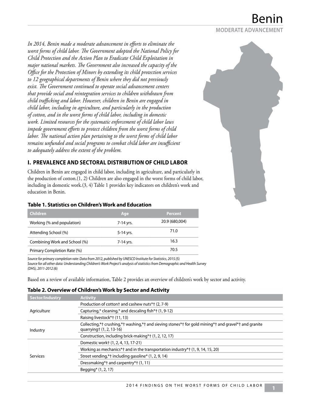 MODERATE ADVANCEMENT in 2014, Benin Made a Moderate Advancement in Efforts to Eliminate the Worst Forms of Child Labor. the Gove
