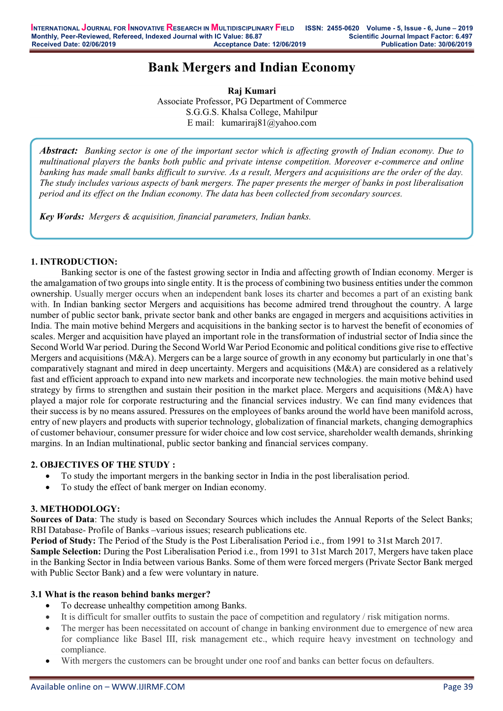 Bank Mergers and Indian Economy