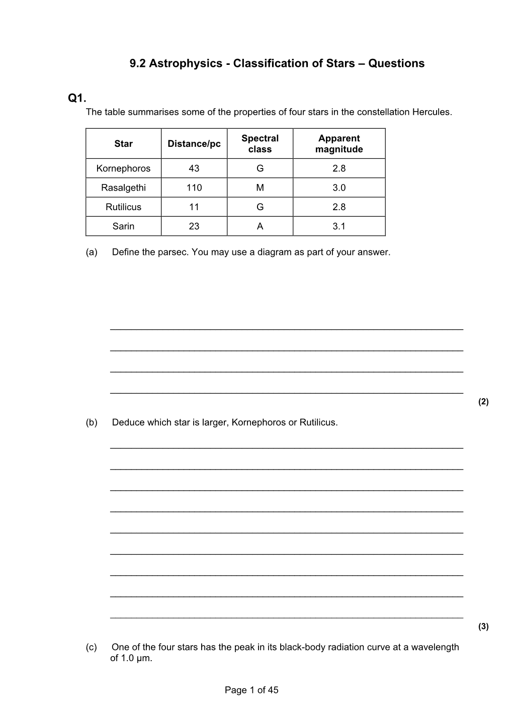 9.2 Astrophysics - Classification of Stars – Questions