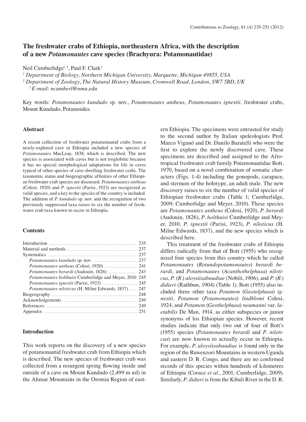 The Freshwater Crabs of Ethiopia, Northeastern Africa, with the Description of a New Potamonautes Cave Species (Brachyura: Potamonautidae)