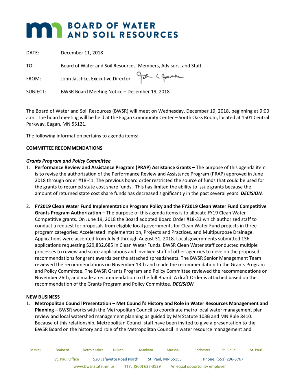 DATE: December 11, 2018 TO: Board of Water and Soil Resources