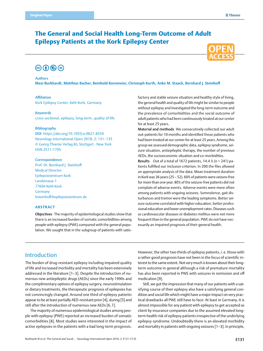 The General and Social Health Long-Term Outcome of Adult Epilepsy Patients at the Kork Epilepsy Center