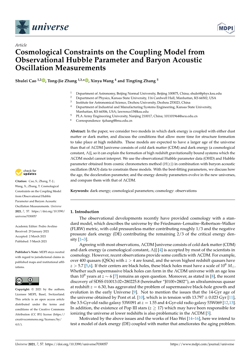 Cosmological Constraints on the Coupling Model from Observational Hubble Parameter and Baryon Acoustic Oscillation Measurements