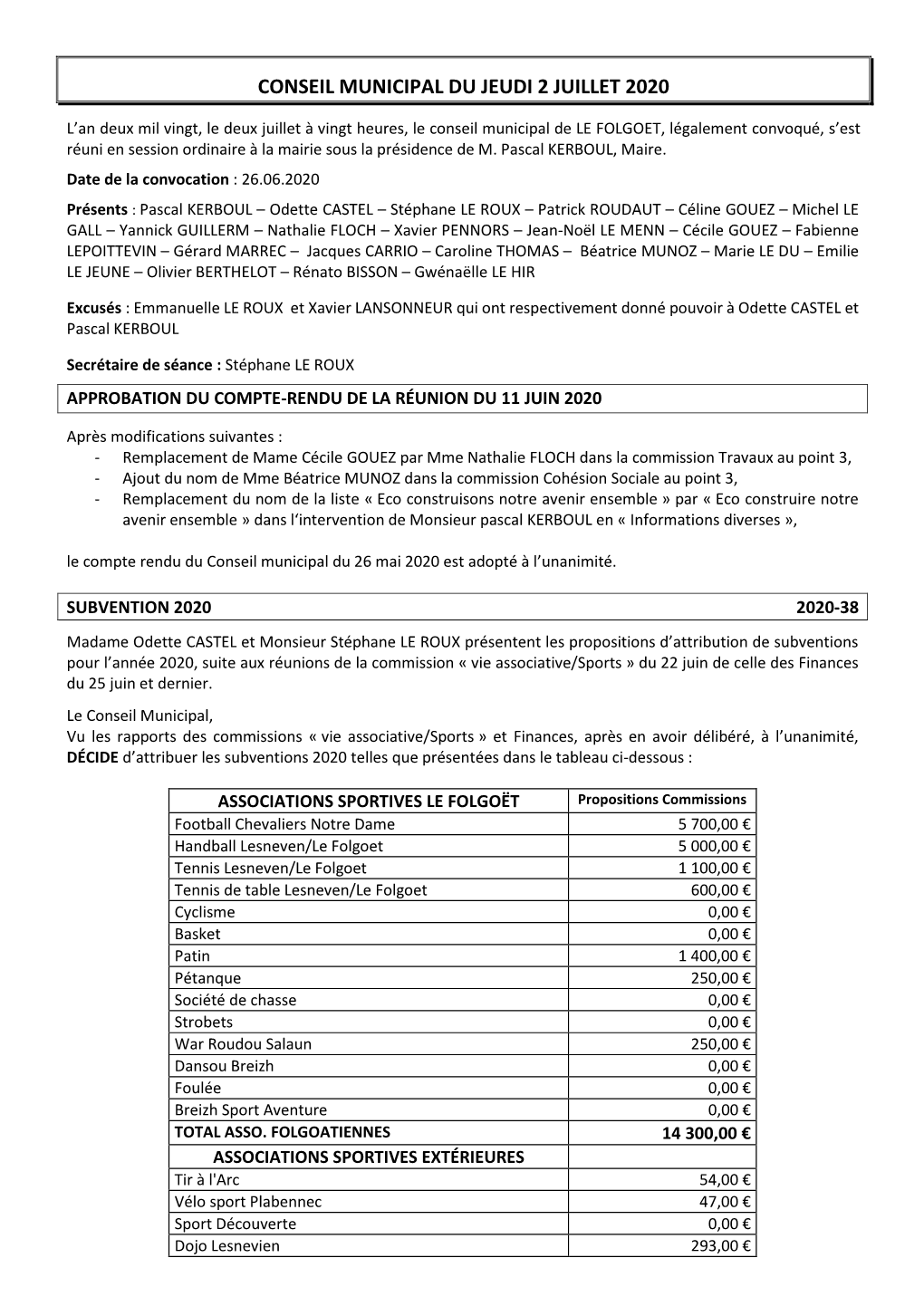 Conseil Municipal Du Jeudi 2 Juillet 2020