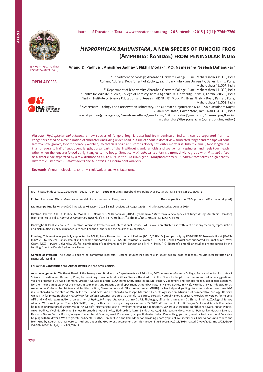 Hydrophylax Bahuvistara, a New Species of Fungoid Frog (Amphibia: Ranidae) from Peninsular India