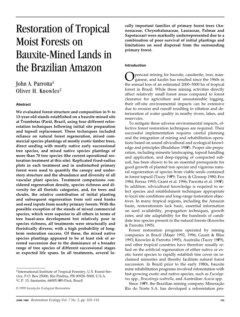 Restoration of Tropical Moist Forests on Bauxite-Mined Lands in The