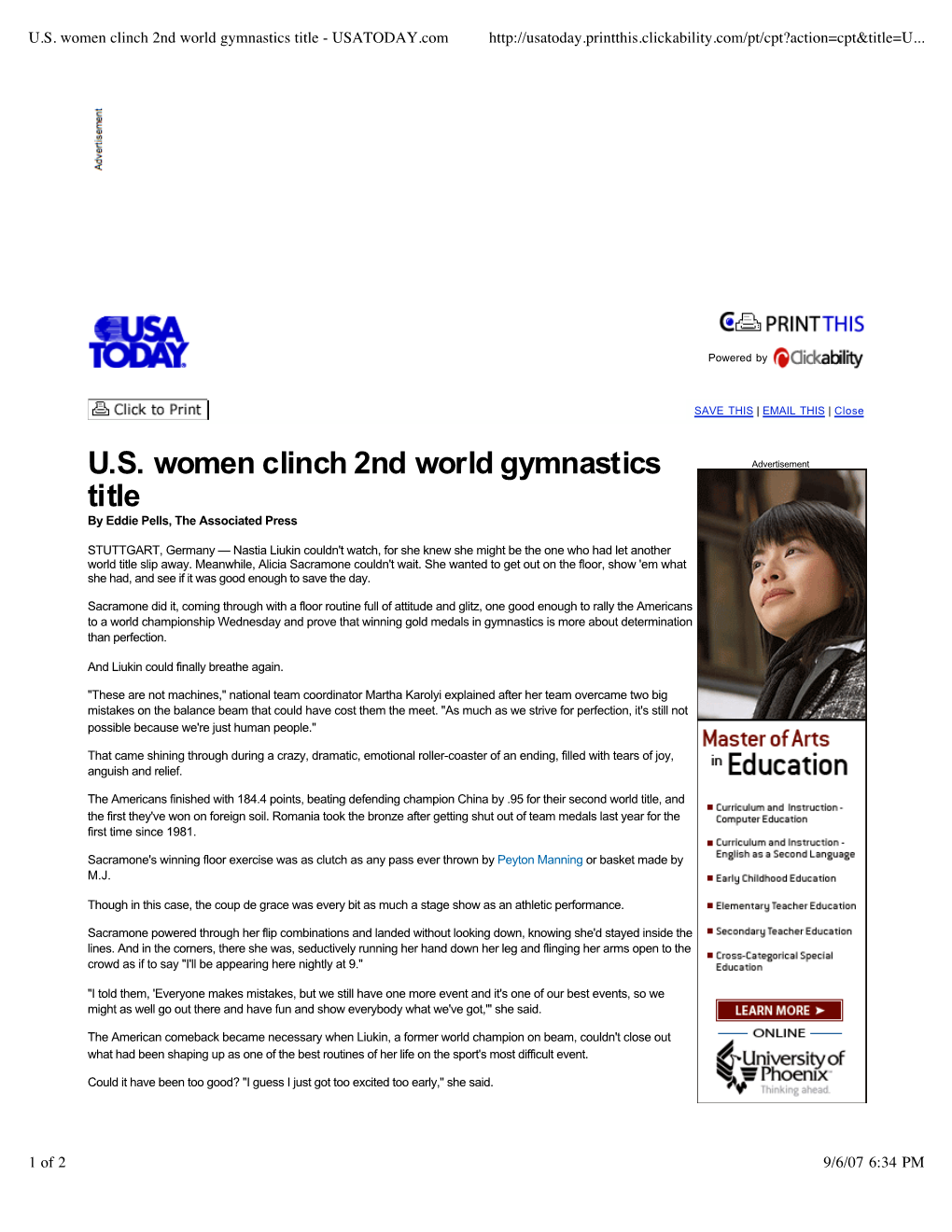 U.S. Women Clinch 2Nd World Gymnastics Title - USATODAY.Com