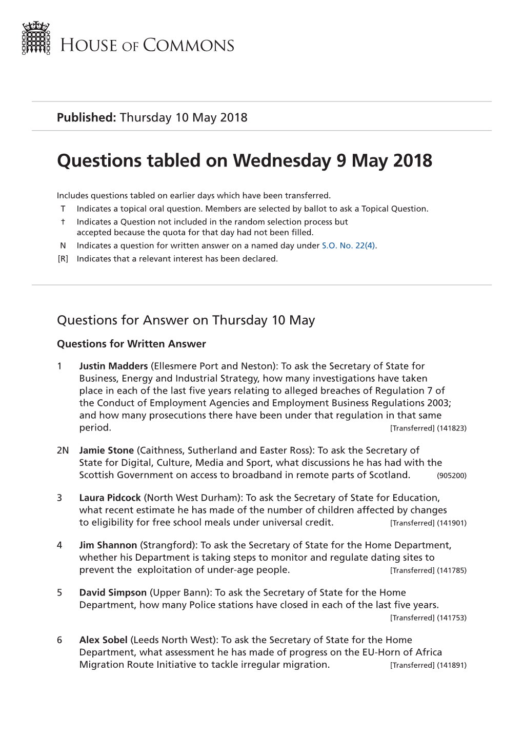 Questions Tabled on Wed 9 May 2018