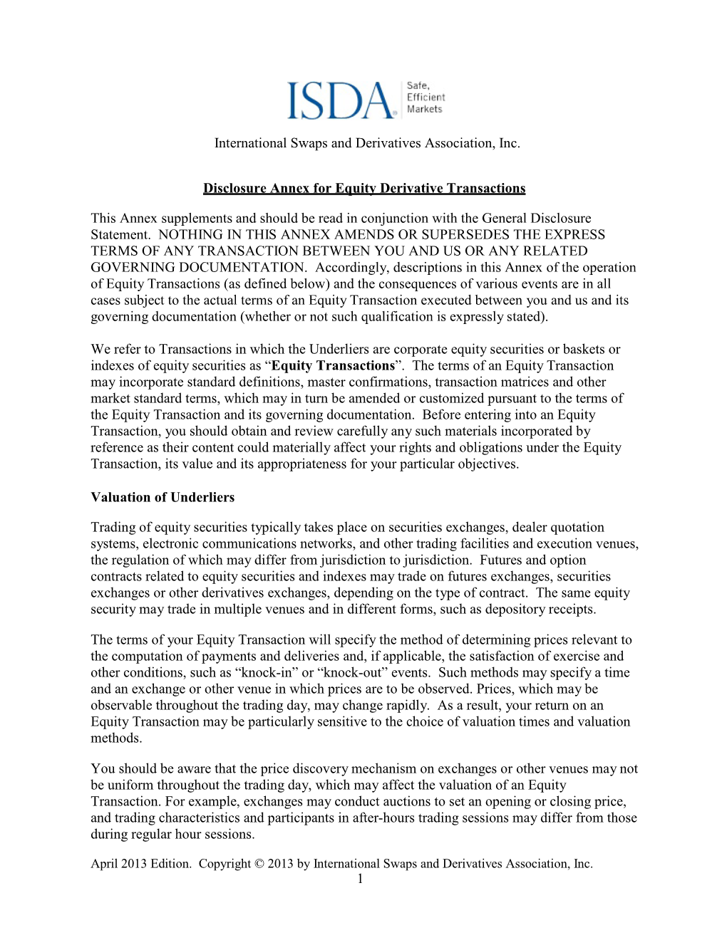 Disclosure Annex for Equity Derivative Transactions