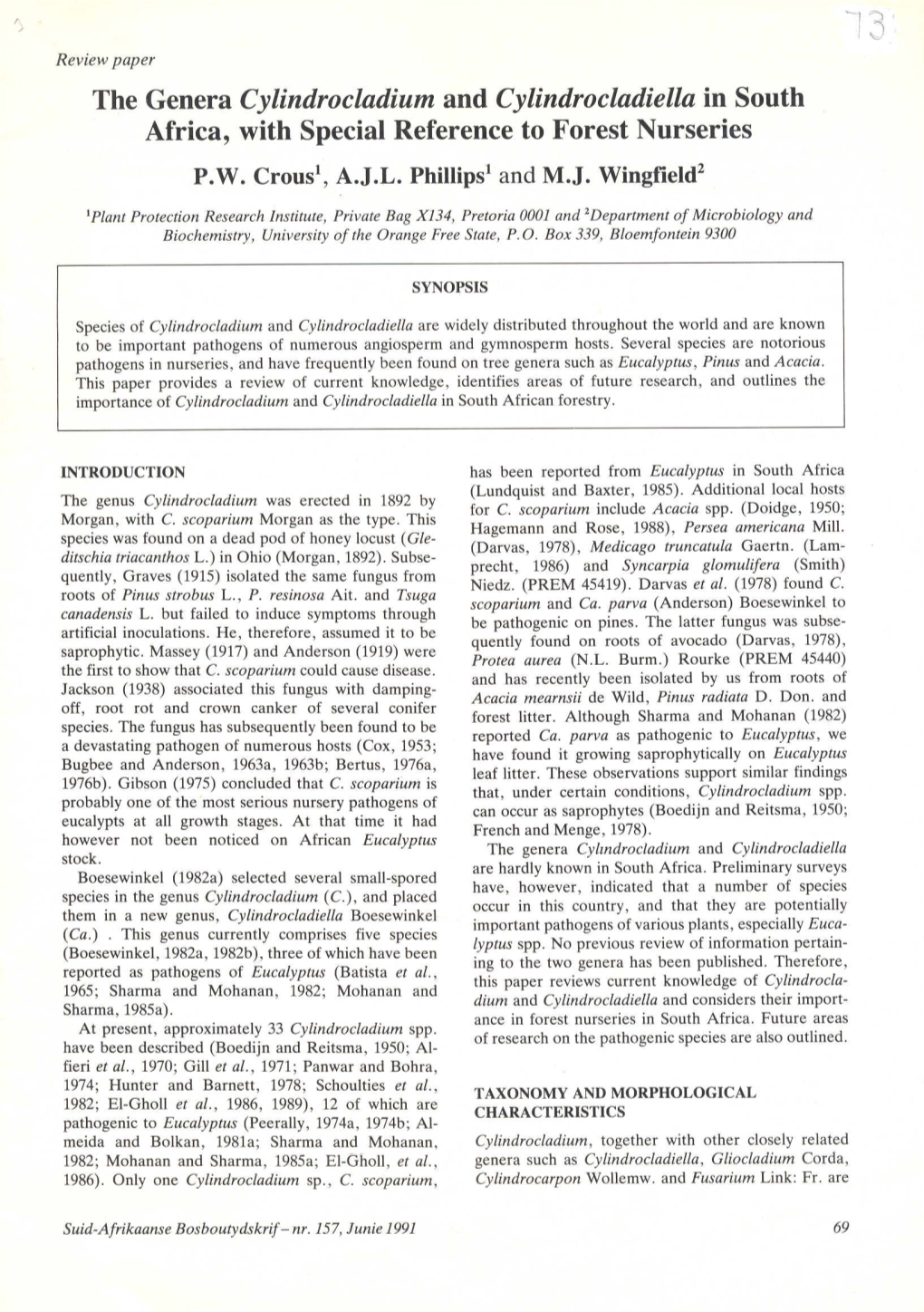 The Genera Cylindrocladium and Cylindrocladiella in South Africa, with Special Reference to Forest Nurseries P