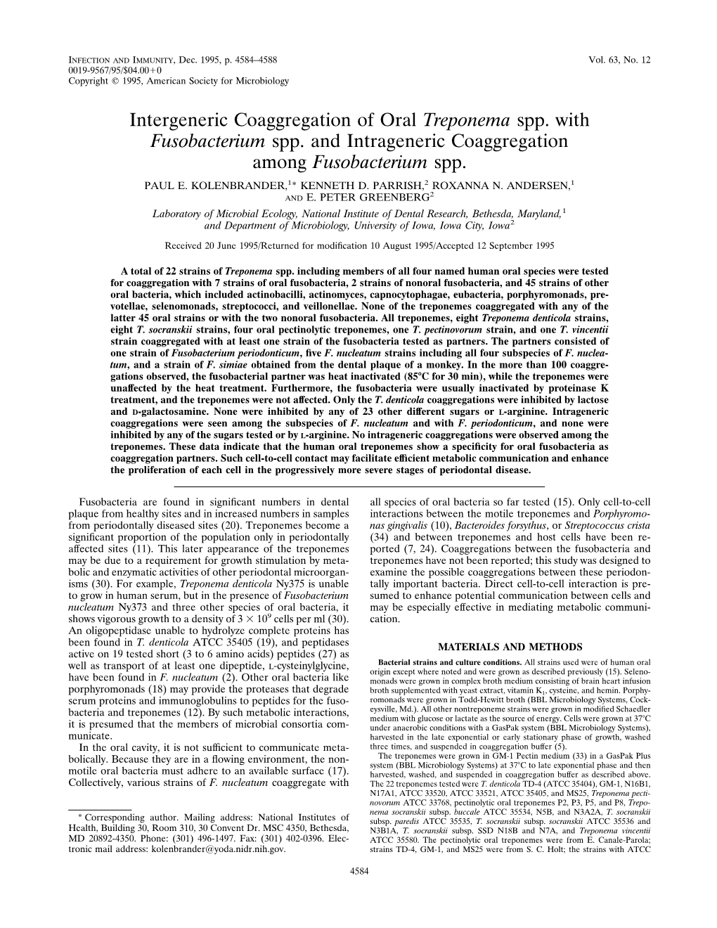 Intergeneric Coaggregation of Oral Treponema Spp. with Fusobacterium Spp