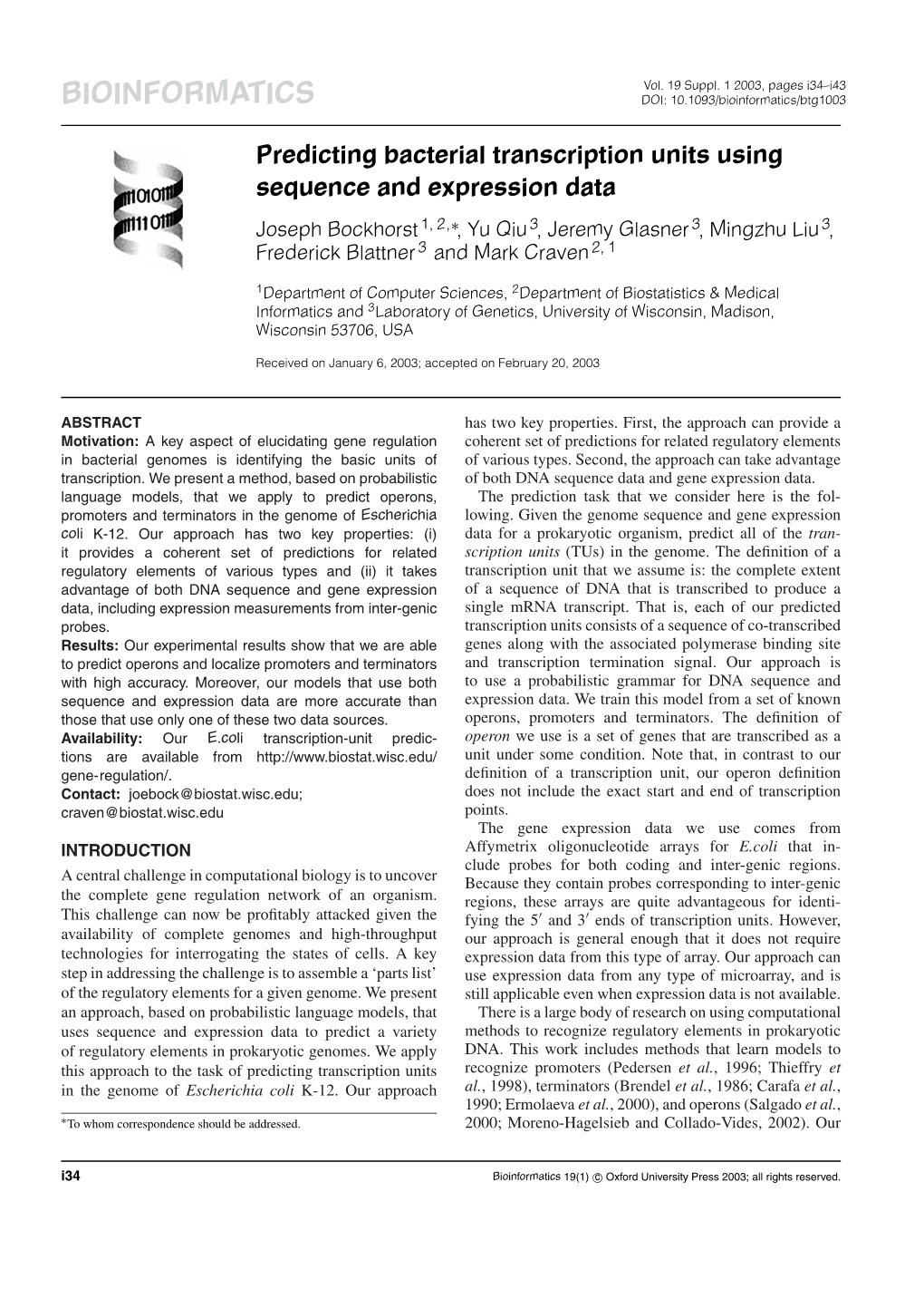 BIOINFORMATICS DOI: 10.1093/Bioinformatics/Btg1003