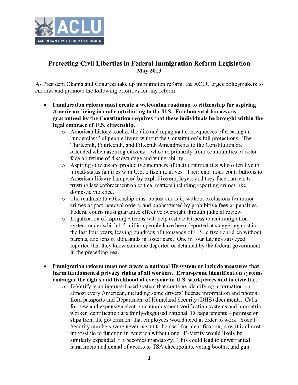 Protecting Civil Liberties in Federal Immigration Reform Legislation May 2013