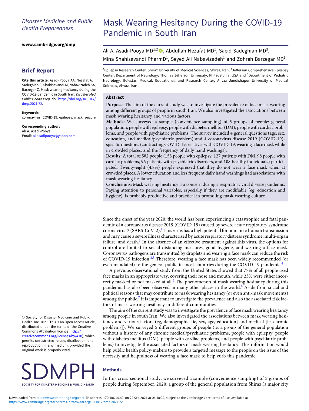 Mask Wearing Hesitancy During the COVID-19 Pandemic in South Iran Ali A