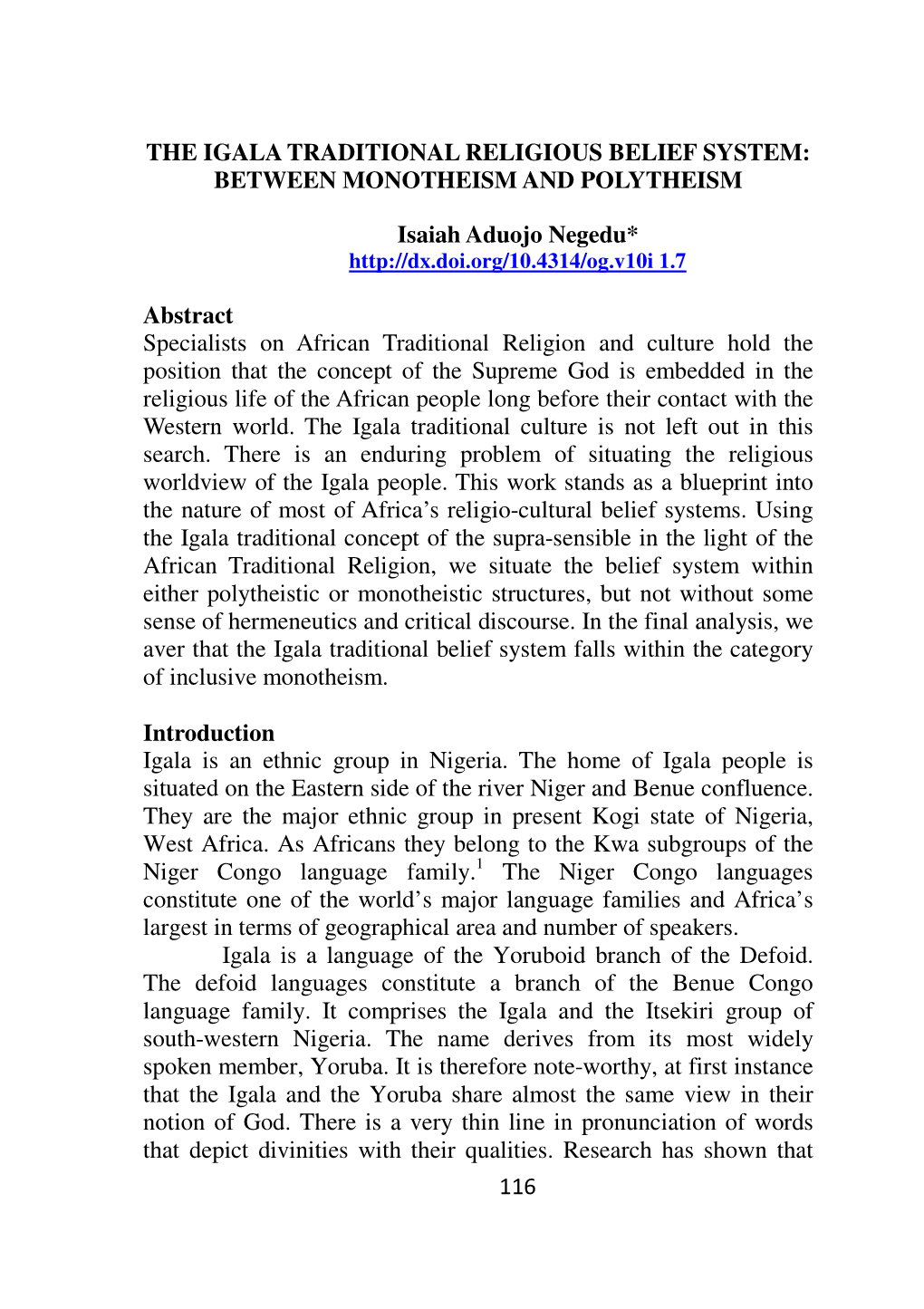 116 the Igala Traditional Religious Belief System