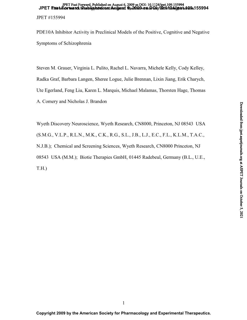 JPET #155994 1 PDE10A Inhibitor Activity in Preclinical Models Of