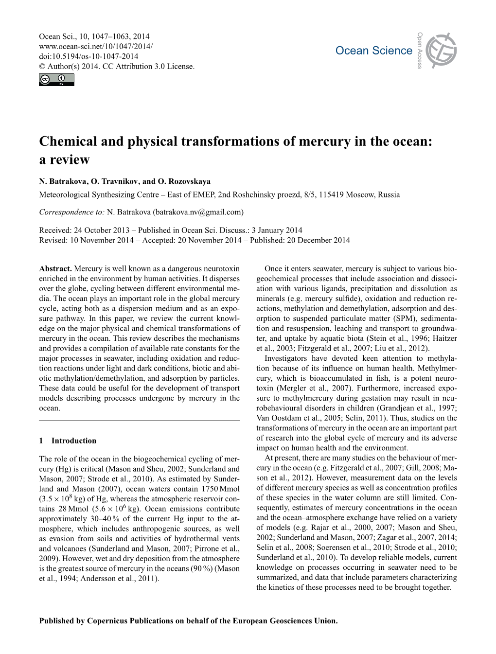 Chemical and Physical Transformations of Mercury in the Ocean: a Review