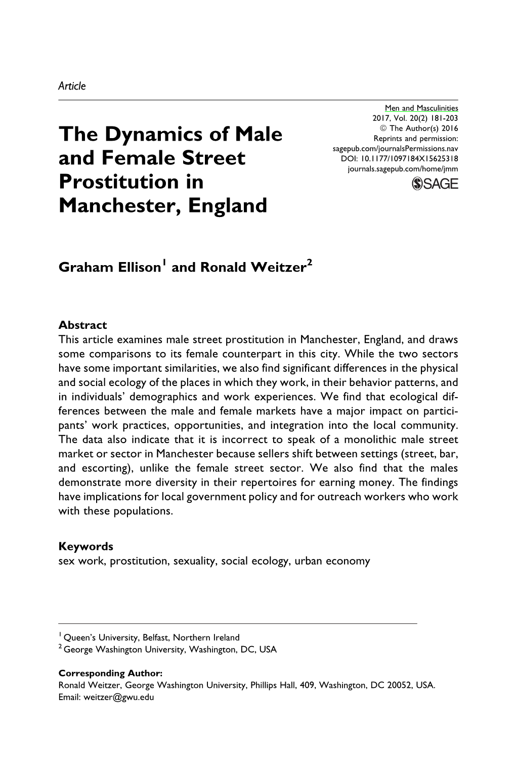 The Dynamics of Male and Female Street Prostitution in Manchester, England