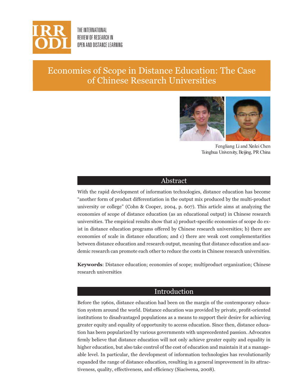 Economies of Scope in Distance Education: the Case of Chinese Research Universities