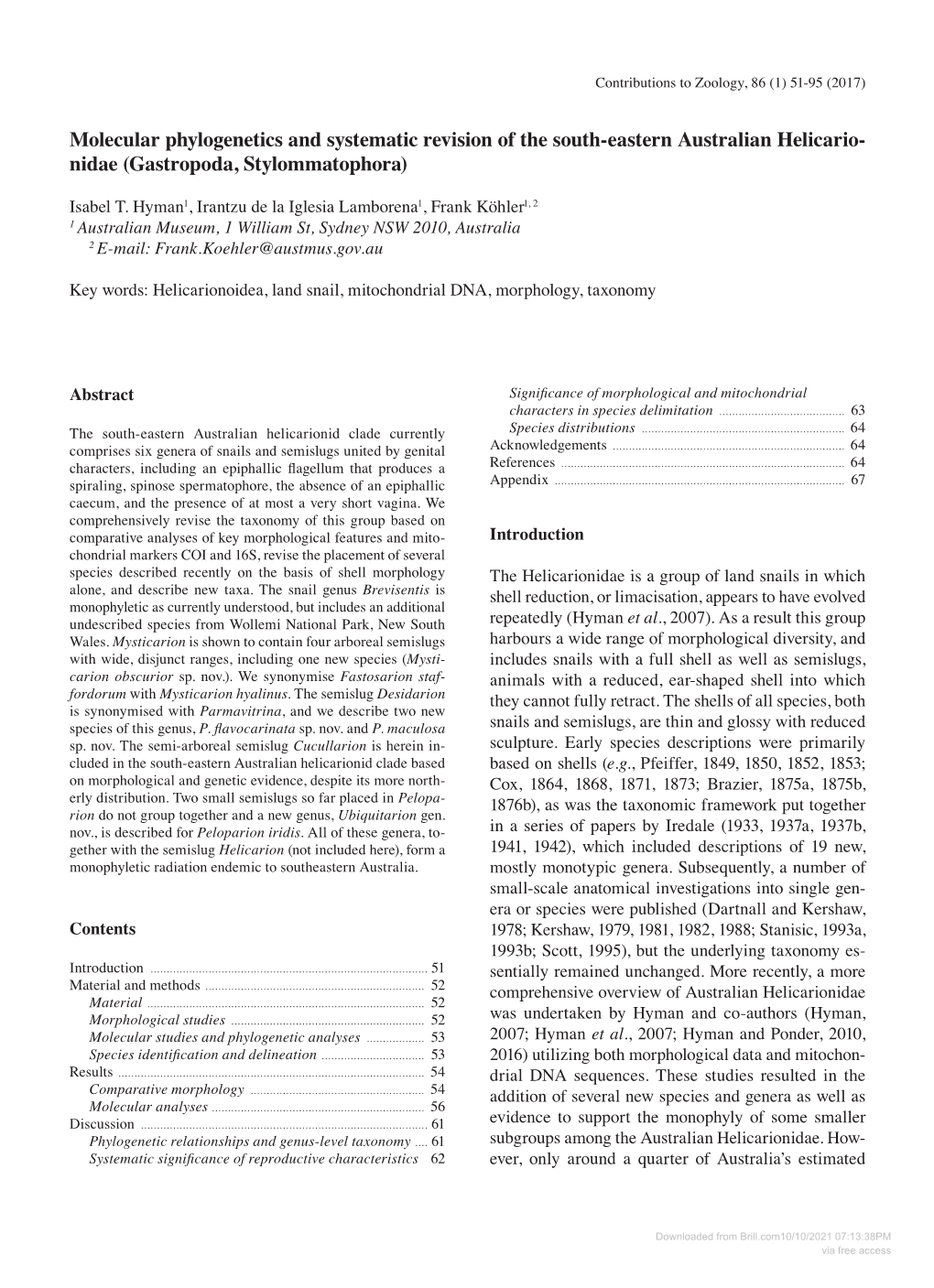 Molecular Phylogenetics and Systematic Revision of the South-Eastern Australian Helicario- Nidae (Gastropoda, Stylommatophora)