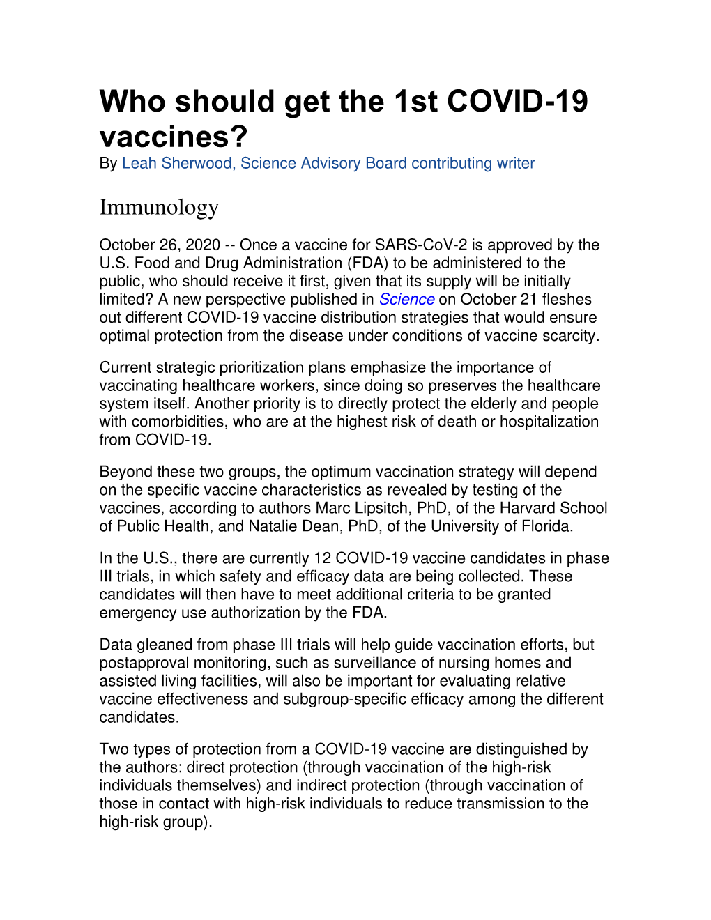 Who Should Get the 1St COVID-19 Vaccines? by Leah Sherwood, Science Advisory Board Contributing Writer