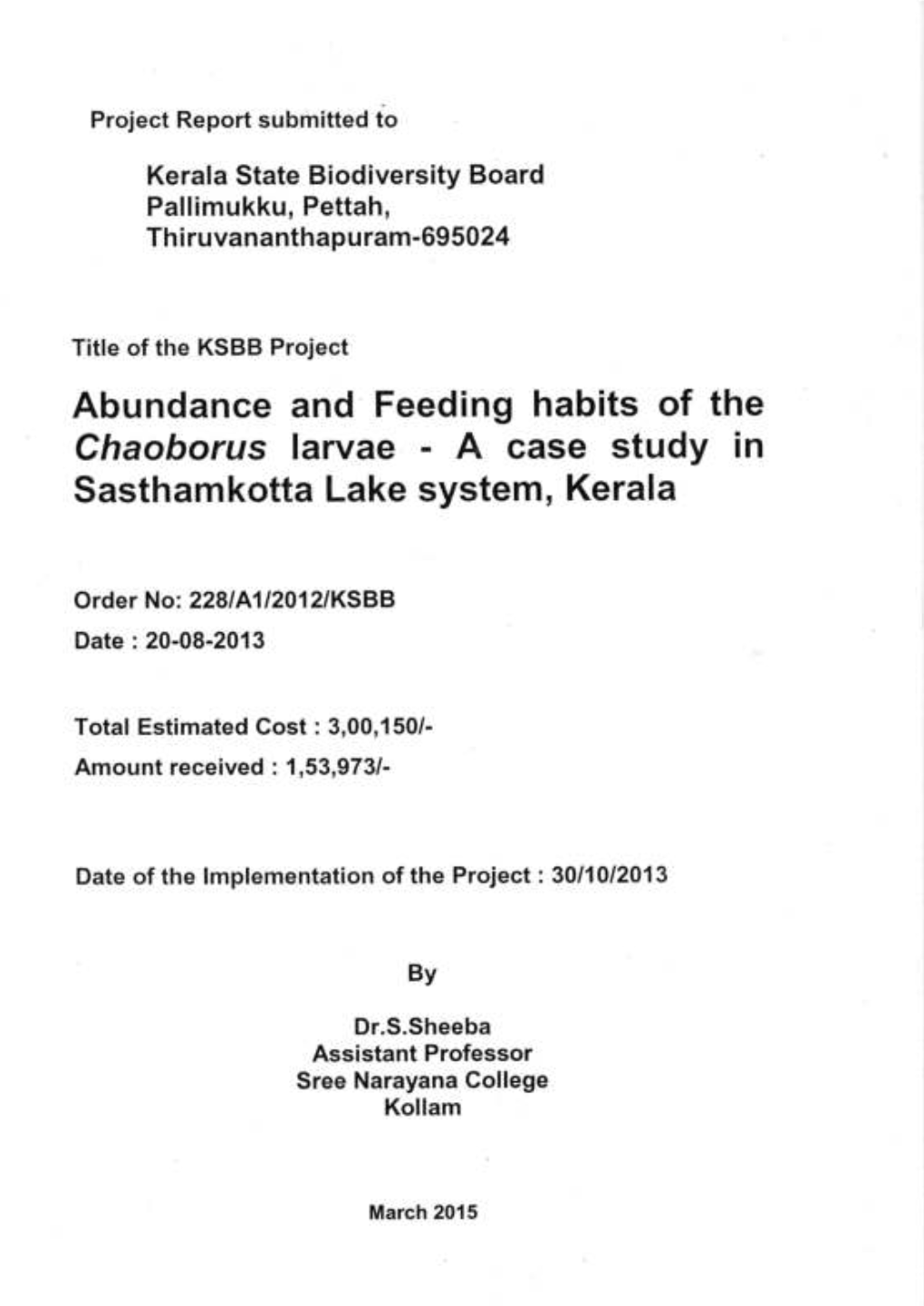 Chaoborus Larvae R a Case Study in Sasthamkotta Lake System, Kerala