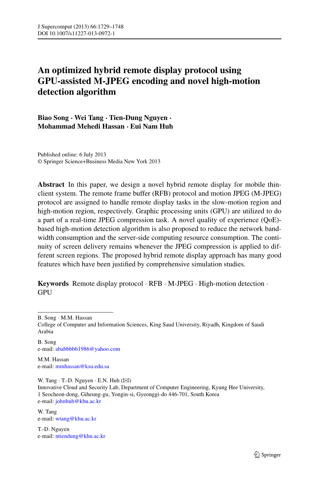 An Optimized Hybrid Remote Display Protocol Using GPU-Assisted M-JPEG Encoding and Novel High-Motion Detection Algorithm